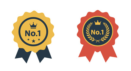 Two colorful badges with number one label and ribbon details shown