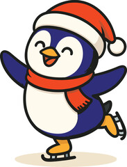 Fototapeta premium Cute cartoon penguin ice skating wearing santa hat and scarf for winter holidays