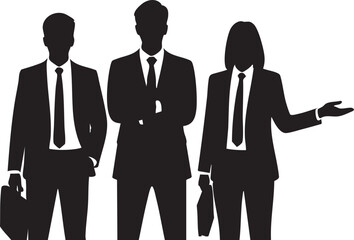 business team silhouettes corporate group, black and white professionals standing, executive men and woman in suits, abstract vector icon business people