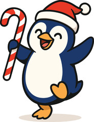 Cute christmas penguin character dancing joyfully with a candy cane festive holiday fun