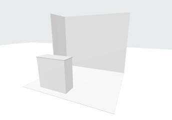 Blank Exhibition Trade Show Booth with Demonstration Table, Rectangular and Square Mockup, Side View.