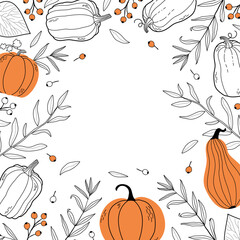 A Frame with Autumn Leaves, Twigs and Pumpkins.