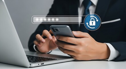 Modern cybersecurity concept, businessman entering password on smartphone, emphasizing encrypted data, internet privacy, secure login
