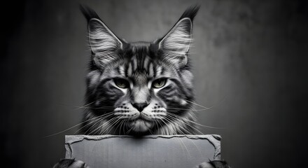 Majestic Maine Coon cat with striking green eyes peers intently from behind a textured surface, exuding quiet confidence and allure.