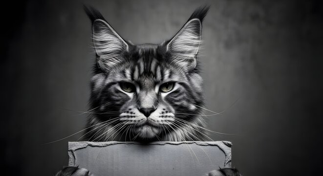 Majestic Maine Coon cat with striking green eyes peers intently from behind a textured surface, exuding quiet confidence and allure.