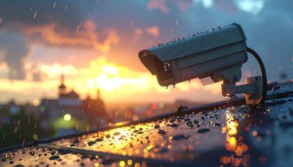 Security Camera in the Storm: A resolute security camera stands guard, braving the elements, against a backdrop of a stormy sky, symbolizing vigilance and protection.