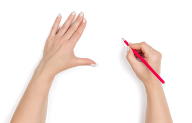 Female hands holding red pencil, writing gesture on transparent background. Concept of drawing, education, creativity, and business planning. Isolated cutout for design use.