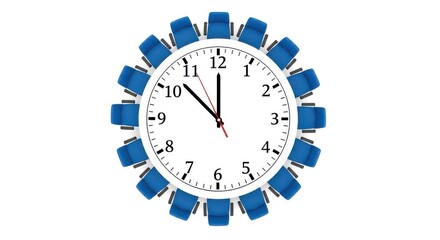 Meeting time concept with clock face and chairs forming circle around it