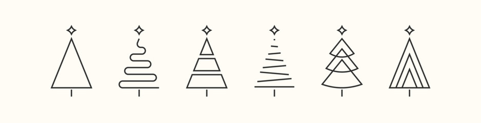 set of minimalistic green christmas tree line flat icon element, abstract geometric winter pattern, icons editable stroke, trees symbol for new year, Christmas design cards, poster, banner vector Xmas