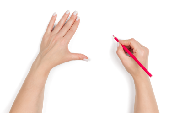 Female hands holding red pencil, writing gesture on transparent background. Concept of drawing, education, creativity, and business planning. Isolated cutout for design use. - Powered by Adobe