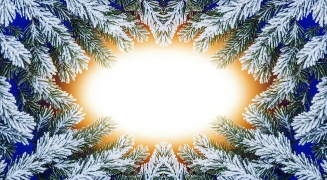 Snowy Pine Glow Frame Winter Branch Border with Radiant Oval Center - Powered by Adobe