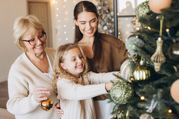 Family Decorating Christmas Tree Together With Joyful Smiles