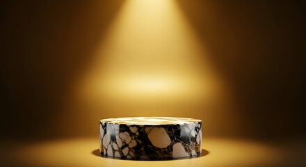 Elegant marble podium bathed in dramatic golden spotlight, perfect for luxury product reveals and prestigious award ceremonies, creating an atmosphere of sophistication and triumph.