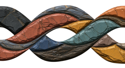 Abstract Wavy Stone Bands with Varied Textures and Colors on White.