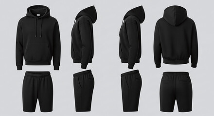 Black hoodie and shorts set, front, side, and back views, isolated on white background