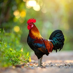 Fototapeta premium Colorful rooster standing on a path, illuminated by warm sunlight