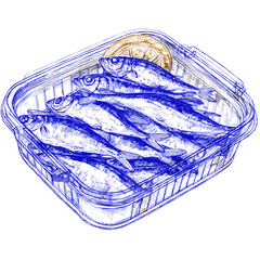 Anchovy tin with fish and lemon on a white background in a detailed illustration style