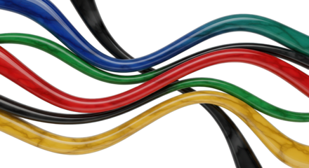 Intertwined Glossy Cables in Primary Colors on White.