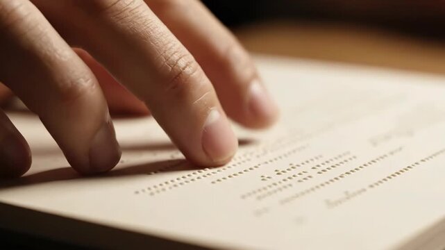 Fingers reading braille script on textured paper surface, close-up