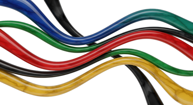 Intertwined Glossy Cables in Primary Colors on White.