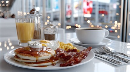 Enjoy a hearty breakfast of stacked pancakes drizzled with syrup, crispy bacon, fluffy scrambled eggs, and a refreshing juice