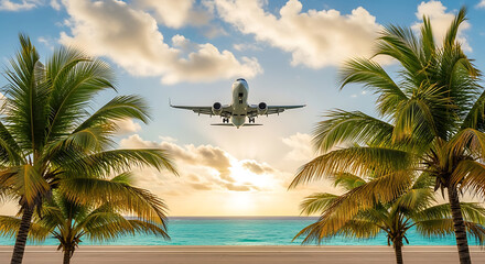 Commercial airplane descending over turquoise ocean between palm trees at sunset aircraft passenger plane