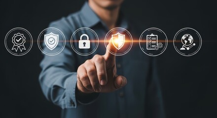 Person touching digital icons for security quality compliance and global network safety protection