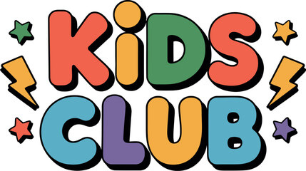 Colorful kids club logo with stars and lightning bolts isolated on white background