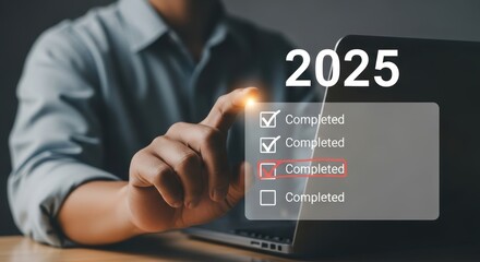 Person's finger touching a digital checklist with completed items and the year 2025 to do list task