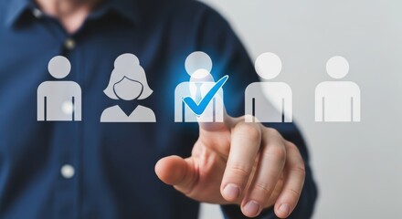Man's finger touching a digital interface selecting a person icon with a blue checkmark selection choice