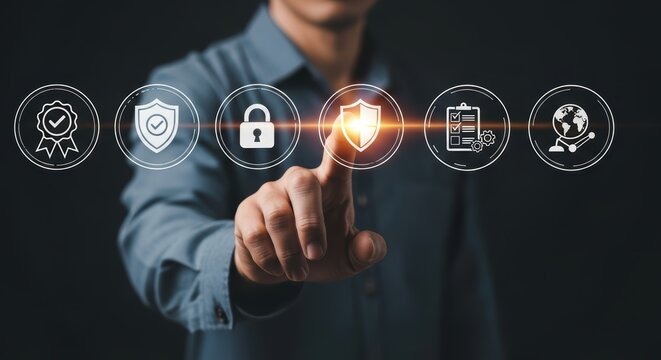 Person touching digital icons for security quality compliance and global network safety protection