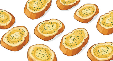 Delicious garlic bread slices with herb garnish seamless illustration