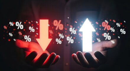 Hands holding glowing percentage symbols with upward and downward arrows image