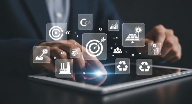Person touching tablet screen displaying icons for sustainability and business goals touchscreen hand
