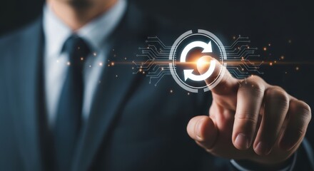 Businessman touching digital refresh icon with circuit board elements and glowing particles hand finger