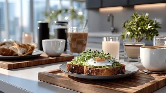 Fresh breakfast items including eggs, croissants, and drinks are served on a wooden kitchen table in morning light