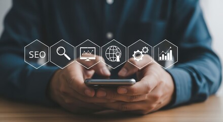 Person using smartphone with S E O and digital marketing icons floating above search engine optimization