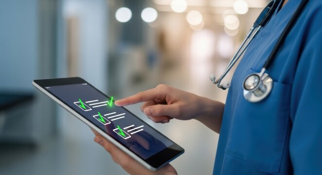 Healthcare professional using tablet with checklist and green checkmarks in hospital corridor medical