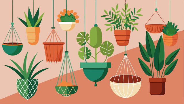 A collection of potted plants and hanging macrame planters bring a natural bohemian touch to the interior.
