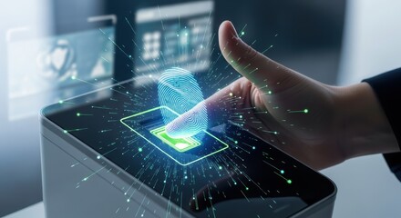 Fingerprint scan on digital device with glowing blue and green data streams biometric identification