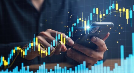 Person holding smartphone analyzing stock market financial charts with blue and yellow candlesticks and line graph