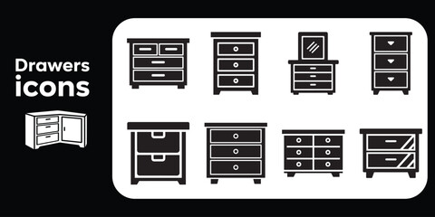 A vector icon set of dresser and chest of drawers silhouettes. Black minimalist symbols of bedroom and home storage furniture for interior design.