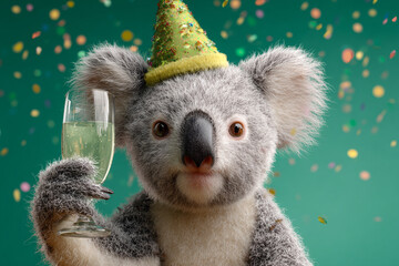 Obraz premium Festive Koala enjoys bubbly drink in party hat confetti falls