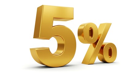 Golden five percent symbol isolated on white background