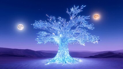 Magical crystal tree glowing under two moons - Powered by Adobe