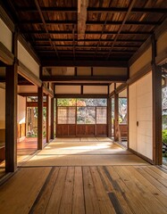 Fototapeta premium A serene interior view of a traditional Japanese house, with tatami mats, wooden beams, paper screens, and natural light. The composition evokes a sense of tranquility