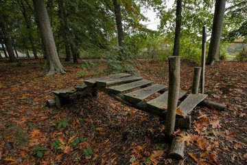 Rustic wooden obstacle in an autumn forest, fallen leaves covering the ground, trees in the background, earthy tones and natural setting.