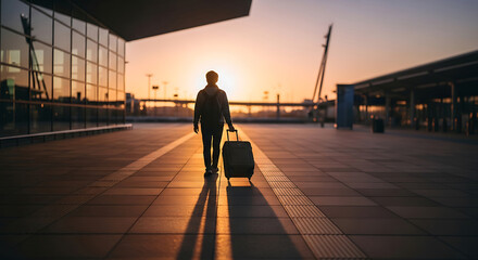 Silhouette of person with rolling suitcase walking towards sunset at modern airport terminal