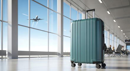 Teal suitcase stands in a bright airport terminal with a plane taking off outside the window