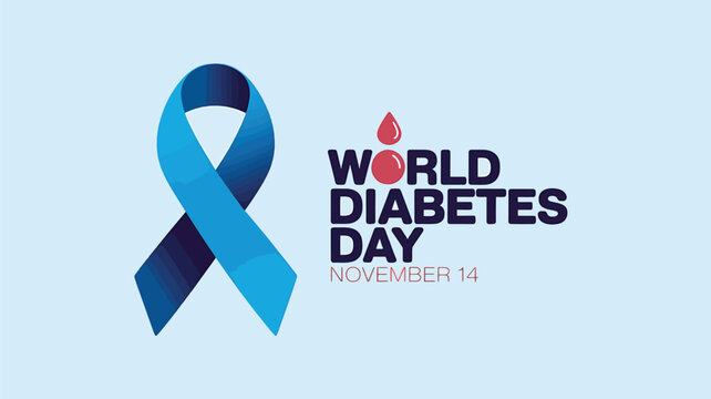 Vector art of world diabetes day blue ribbon symbol with text and blood drop illustration